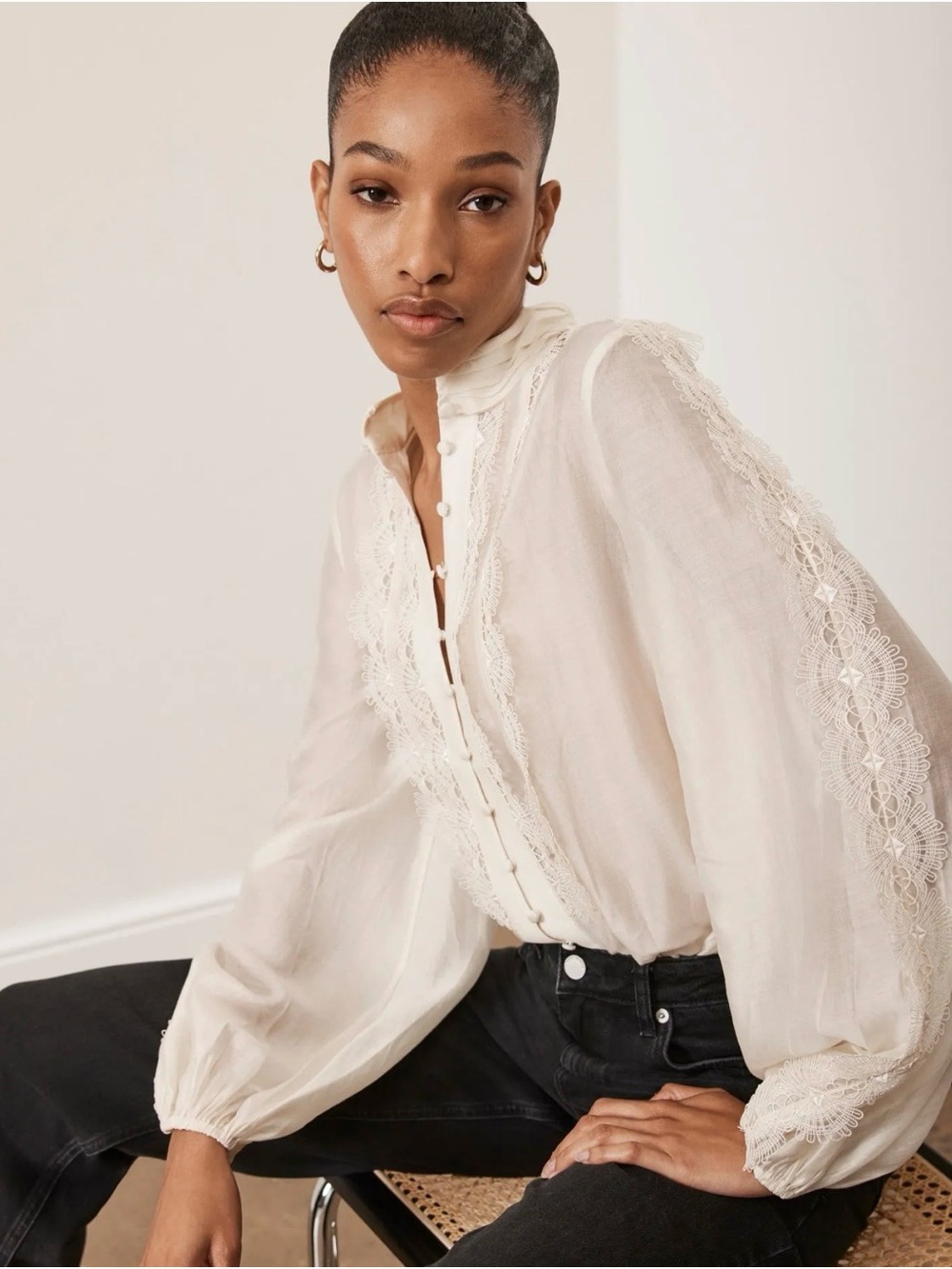 Mint Velvet Ivory Lace-Trim Button Front Blouse